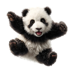 Obraz premium A cute baby panda with its arms raised in the air against a black background looking very excited and happy