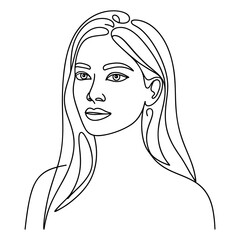 Black and white continuous line vector illustration of a woman with long hair