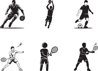Ball and Racket Sports Icon Set – Basketball | Soccer | Football | Tennis | Badminton | Athlete Silhouettes | Sports Graphics | UI Icons | Fitness Apps | Tournament Branding