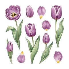 Fototapeta premium Watercolor Collection of Purple Tulip Flowers with Petals, Buds, and Leaves Isolation on a White Background