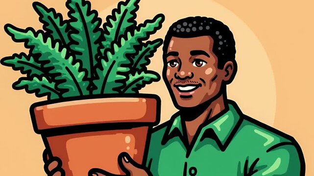 Cartoon Man Smiling Holding Green Potted Fern Plant in Orange Background