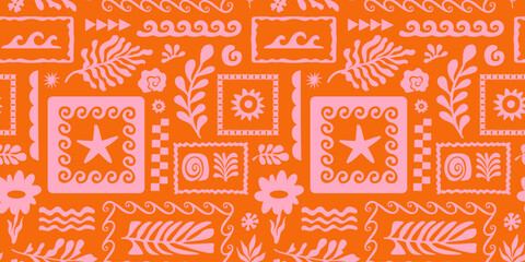 Vector hand drawn seamless pattern graphics with silhouette summer and vacation illustrations, print design template, tropical illustrations, frames and borders in simple trendy naive cut out style wi