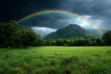 Naklejka premium Uplifting Beauty: Vibrant Rainbow Arc Over Lush Green Landscape