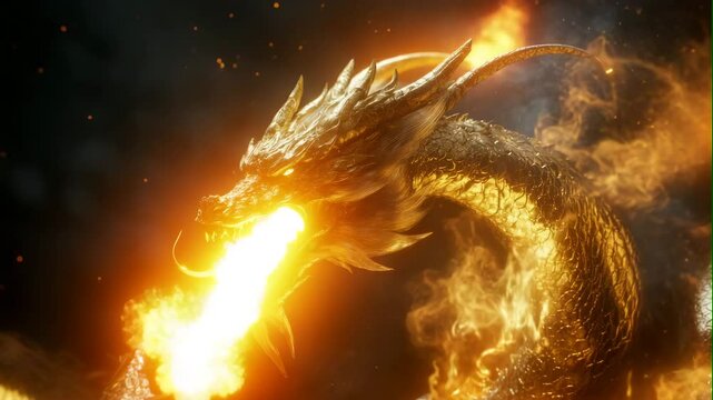 fire breathing gold dragon on black background