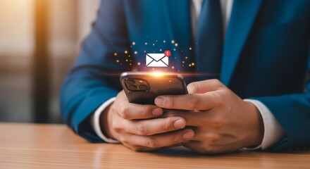 Checking Emails on Smartphone - Businessman checks email notification on mobile phone, symbolizing communication, connectivity, technology, modern workplace, and instant messaging