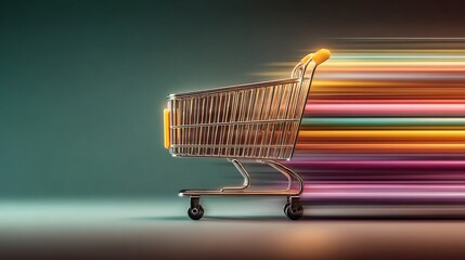 Golden Shopping Cart with Colorful Motion Blur and Glowing Effect