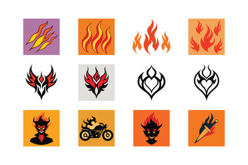 Collection of fiery icons, symbols, and illustrations depicting hot flames and burning danger elements for design and warning