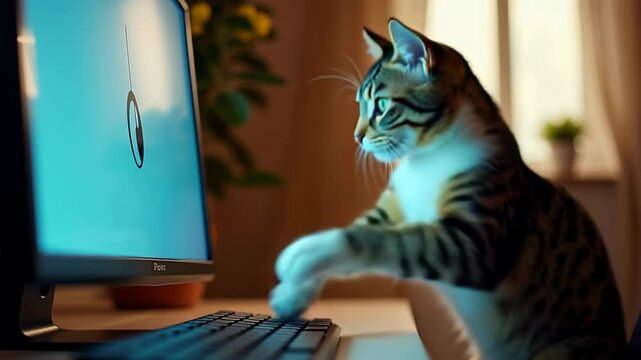 Cat playfully chases computer mouse cursor on screen while stepping on keyboard during a sunny afternoon at home