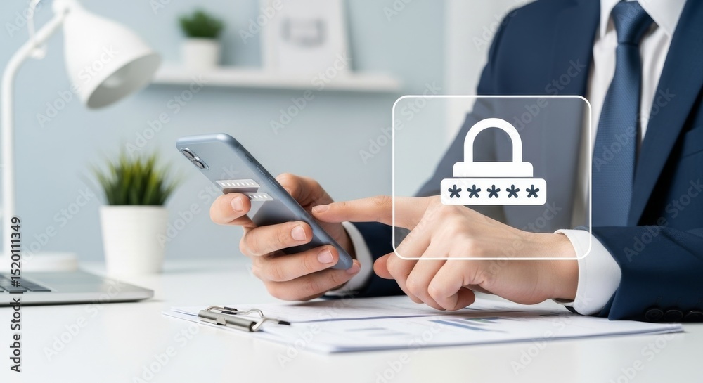Poster mobile phone security and password protection - businessperson using smartphone with password protec