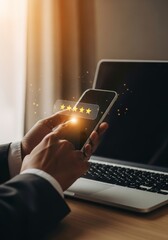 Mobile Phone Customer Review Rating - Person using a smartphone to give a five star rating, positive feedback, online review