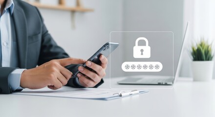 Obraz premium Mobile Security and Password Protection - Person using smartphone with password security overlay. Ensuring safety and online protection