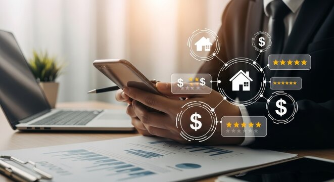 Online Real Estate Investment Management - Person using smartphone to manage real estate investments, showcasing online property valuation, financial analysis and customer reviews