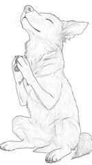 A dog in a prayer-like pose, detailed line art.