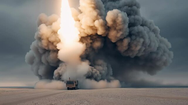 Rocket launch from self propelled mortar showcasing powerful ignition and smoke plume during military exercise