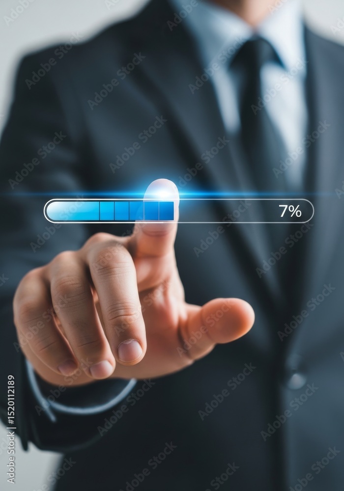 Poster progress bar on interface - close-up of a hand interacting with a progress bar showing 7% completion