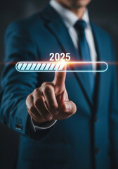 Progress Towards 2025 - Businessperson interacts with a interface showing a progress bar toward the year 2025