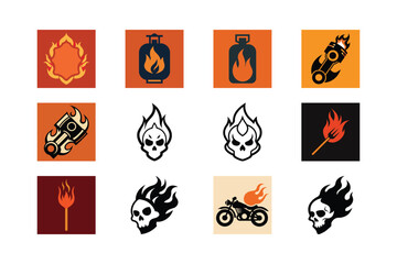 Vector set of fire icons with chrome button and arrow symbols
