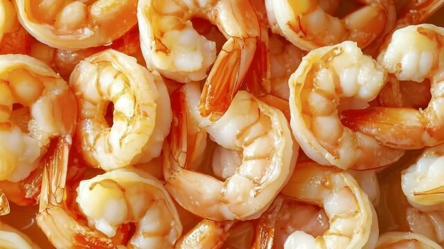 Cooked shrimp texture, seafood background, top view