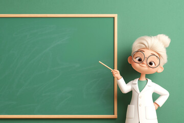 Woman scientist cartoon character pointing at an empty chalkboard, ready for your text or presentation