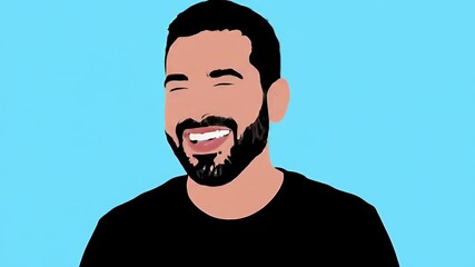 Laughing Man Portrait Illustration with Black Shirt against a Blue Background - Powered by Adobe
