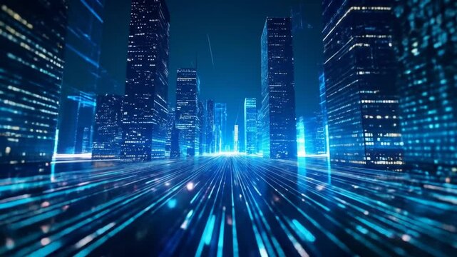 Futuristic Digital Cityscape with Light Streams, Connecting Tomorrow's World