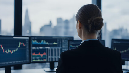Fototapeta premium Professional Woman Trading Stocks and Managing Investment Portfolios on Multiple Monitors in a Digital Economy, City View, Market Analyzer, Trading Concept