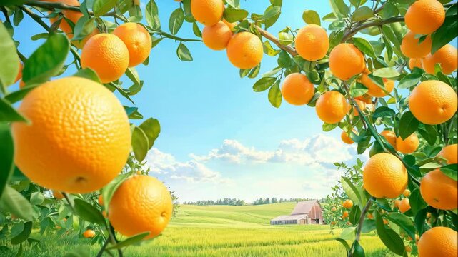 Orange fruits branches frame, rural landscape background with copy space, slow motion