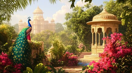 An Indian garden scene with an ornate peacock, a woman in traditional attire standing near the palace walls, and lush greenery.