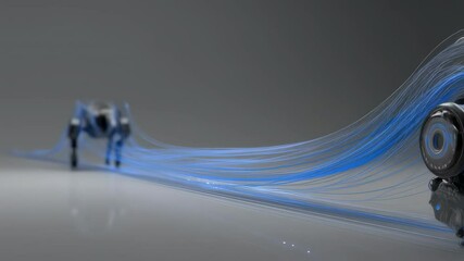 Sleek robotic canine generating dynamic blue energy trails while walking across minimalist gray digital environment, highlighting advanced technological innovation - Powered by Adobe