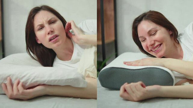 Superimposed frame. In the right part woman wakes up with a pillow and ironing. In the left part she wakes up and writhes from pain in the neck. The concept of choosing the right sleeping pillow