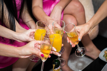 Cheers Womens hands rise glasses of wine for toast. Group of women celebrate birthday, bachelorette party or New Year