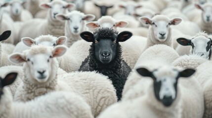 A black sheep among a flock of white sheep, raising its head as leader.