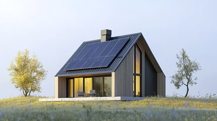 Obraz premium Sustainable Modern House Design: Solar Panel Roof, Eco-Friendly Home Architecture