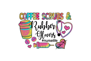 Coffee scrubs and medicine themed graphics isolated on transparent background