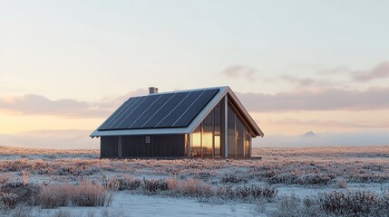 Sustainable Cabin: Solar Powered Home in Winter Landscape