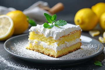 Artistic presentation of lemon cake slice with whipped cream, lemon zest, and mint