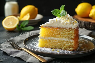 Moist lemon cake slice topped with whipped cream, citrus zest, and mint, elegantly served on a plate with a fork