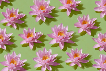 Obraz premium Pattern of pink lotus on green background. Pattern of identical pink lotus on a green background. Floral background. 