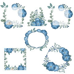 Watercolor Blue Floral Wreath – Round Botanical Frames, Wreaths and floral arrangements for Wedding & Greeting Designs