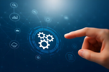 Automation concept with gears touching screen for business process and workflow optimization 