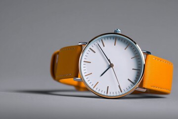 Close up of a wristwatch with a white face and a yellow leather strap on a grey background surface