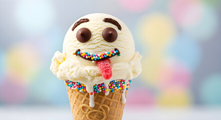 Funny Vanilla Ice Cream Cone with Candy Face and Tongue Out | Playful Dessert Character with Chocolate Eyes, Sprinkles, and Waffle Cone on Colorful Bokeh Background