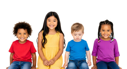 Group of Four Diverse Children in Bright Colored T-Shirts, Happy Kids Portrait, Smiling Kids