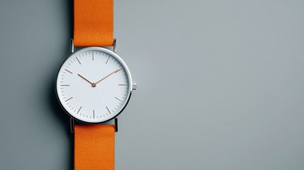 A minimalist watch with a white face and orange strap on a gray background in a studio setting