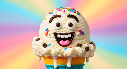 Excited Cartoon Vanilla Ice Cream Cone with Sprinkles and Chocolate Face | Fun Smiling Dessert Character on Vibrant Rainbow Background