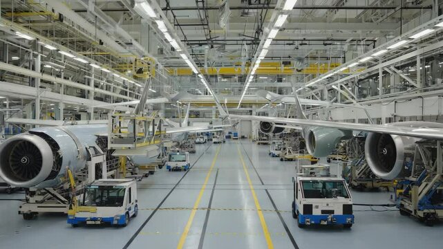 Interior View of Aircraft Manufacturing Plant with Airplanes on Assembly Line and Jet Engines