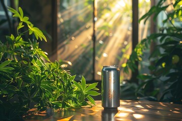 A soda can on a wooden table surrounded by green plants and sunlight streaming through a window frame