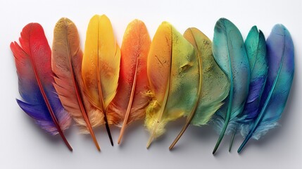 Arrangement of colorful feathers creating a vibrant spectrum on a clean white surface display art