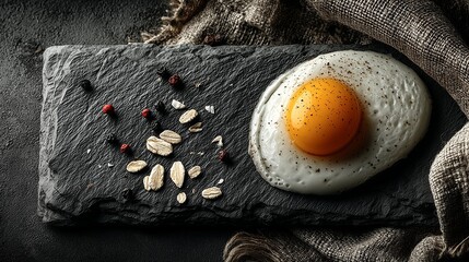 A sunny side up egg with oats and pepper on a black stone plate with a cloth on the side