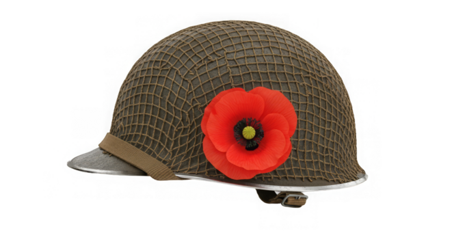 A worn military helmet with netting displays a vibrant red poppy on transparent background. - Powered by Adobe